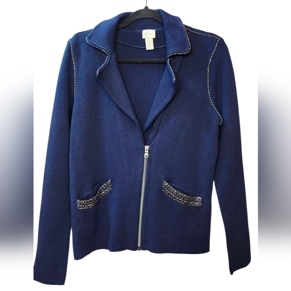 Chico's Jacket Navy Blue Zip-Up with Gold Trim Chicos Cardigan Jacket, Size 1